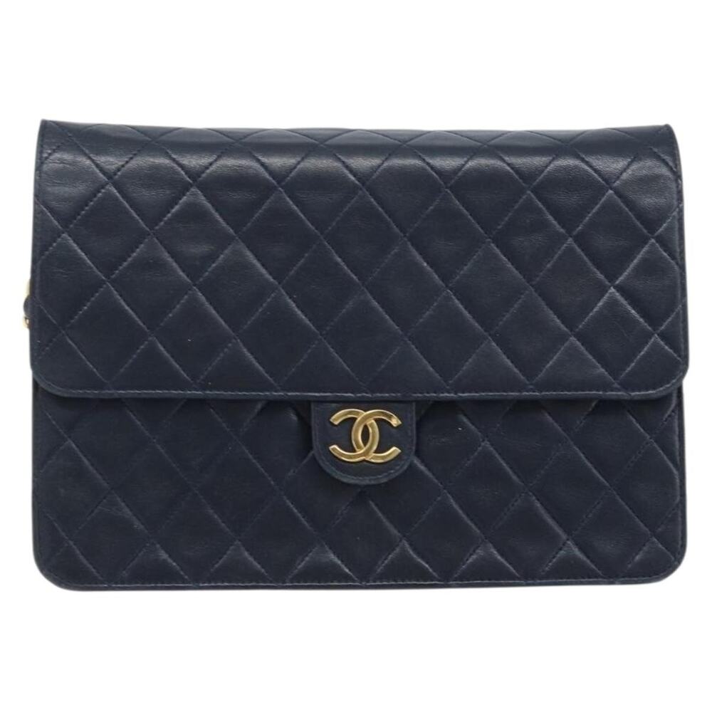 Chanel Matelasse Lambskin Chain Shoulder Bag Navy Gold CC Blue